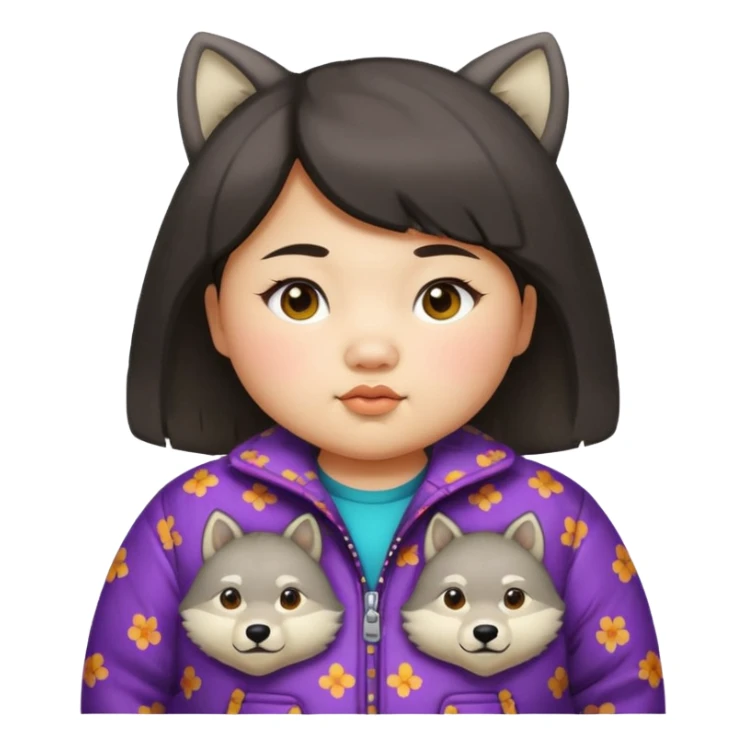 chubby Asian girl, medium wolf cut, baby face, age 15, funky patterned jacket sticker