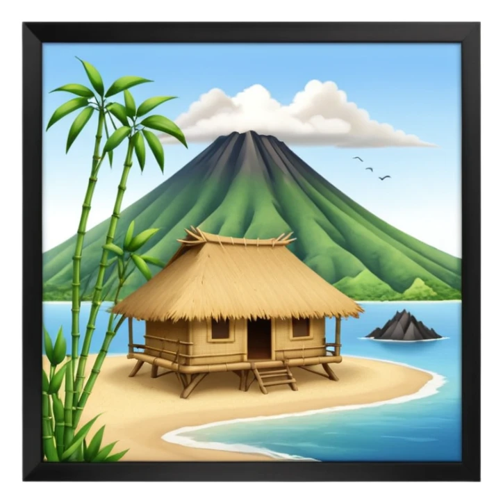 bamboo hut with volcano in the back in Volcano Island  sticker
