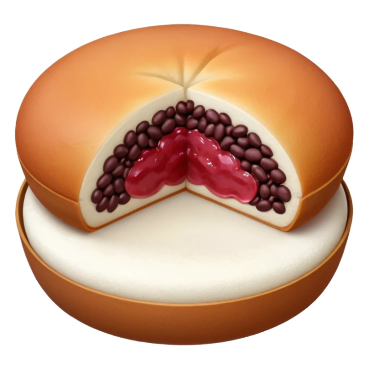 A soft round mochi cut in half, showing the filling inside (red bean paste or pink/white filling), outer layer is white and slightly stretchy-looking, smooth and pillowy texture, simple flat design style, centered on transparent background.
 sticker