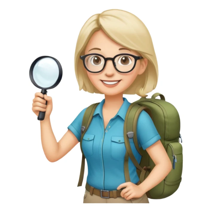 Happy woman hiker in her 40s with glasses and backpack, holding exactly one magnifying glass in one hand only sticker