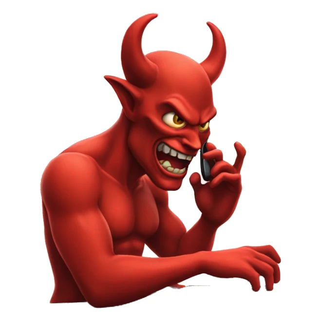 devil on the phone, in front of a laptop sticker