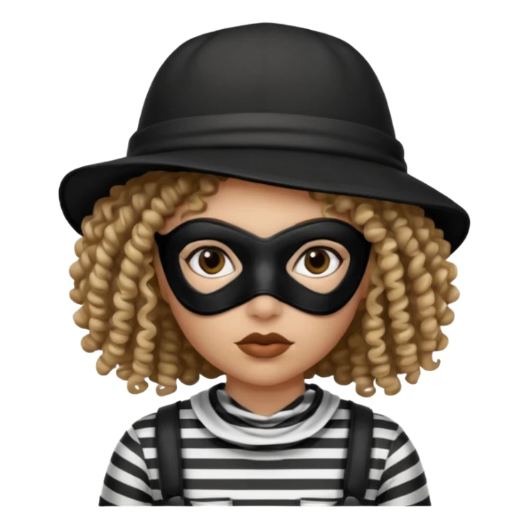 woman with robber mask concerned curly hair and robber outfit hat sticker