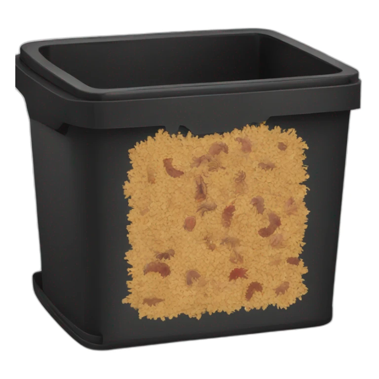 Black cubic plastic container with wood shavings and earthworms inside sticker