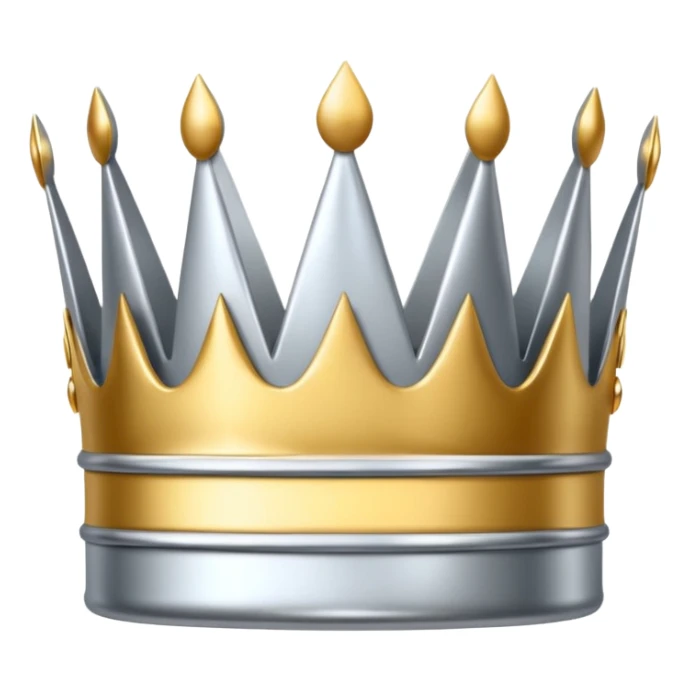 A luxury silver crown emoji, chrome metallic finish, smooth rounded edges, subtle sparkle, polished reflective surface, cute proportions, iOS emoji style, centered on a clean white background, soft studio lighting, no outlines sticker