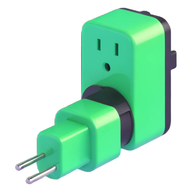 3D icon style, power plug with green light, 'always on' concept, shiny and dimensional sticker