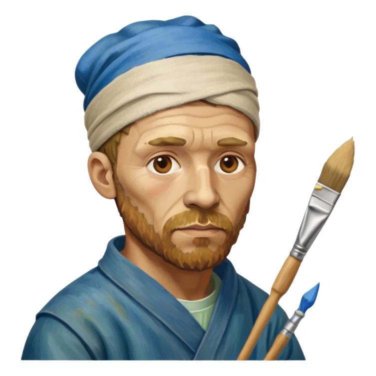 van gogh paints on a canvas. his ear is bandaged. sticker