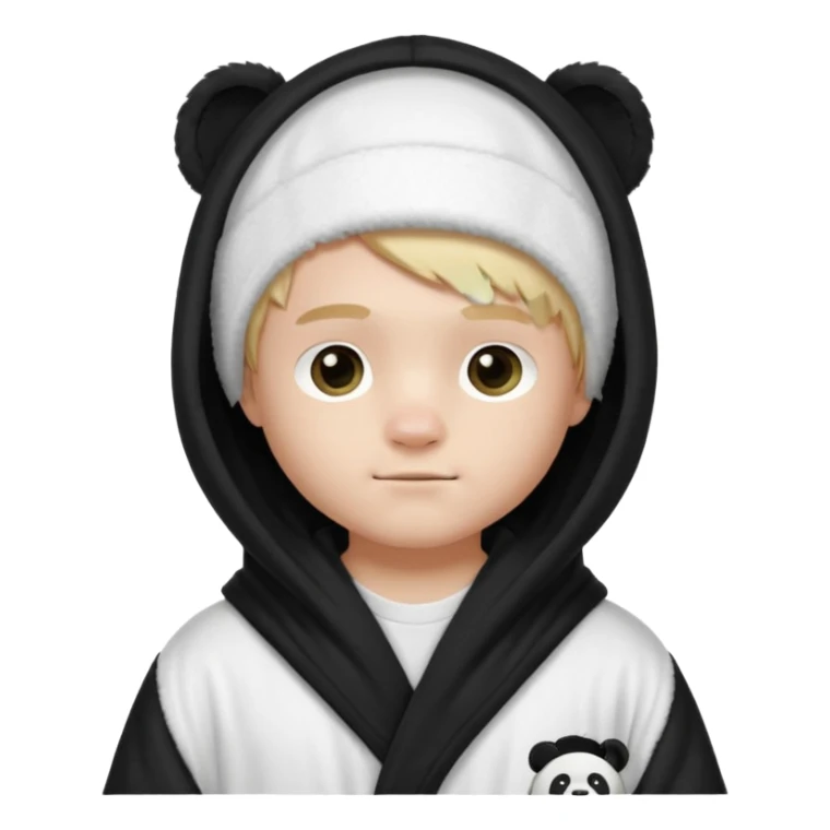 Create a blond boy with long, messy hair, light eyes, a white t-shirt, rich, with long hair, blue eyes, medium-length, voluminous hair, wearing a black Nike bathrobe and a little blush near his nose. and with a panda balaclava, but showing her hair. sticker