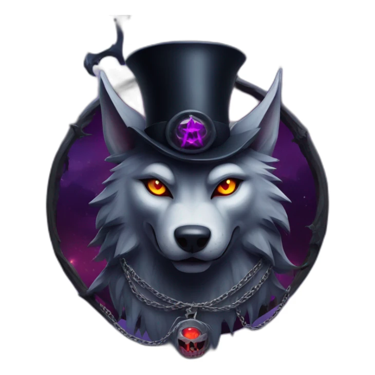 demonic wolf with a pentagram top hat and a pentagram chain with a haunting night background sticker
