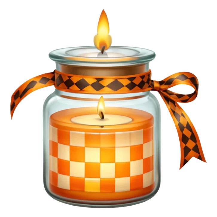 Glass jar with a candle in it and an orange checkered ribbon sticker