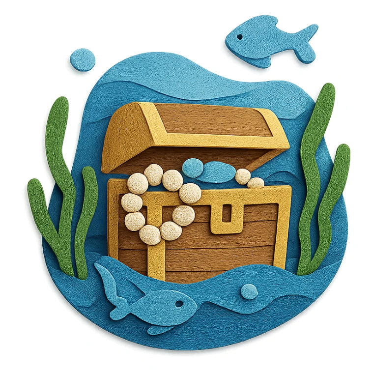 treasure chest underwater with pearls, seaweed, and fish, layered paper effect in paper-craft style sticker