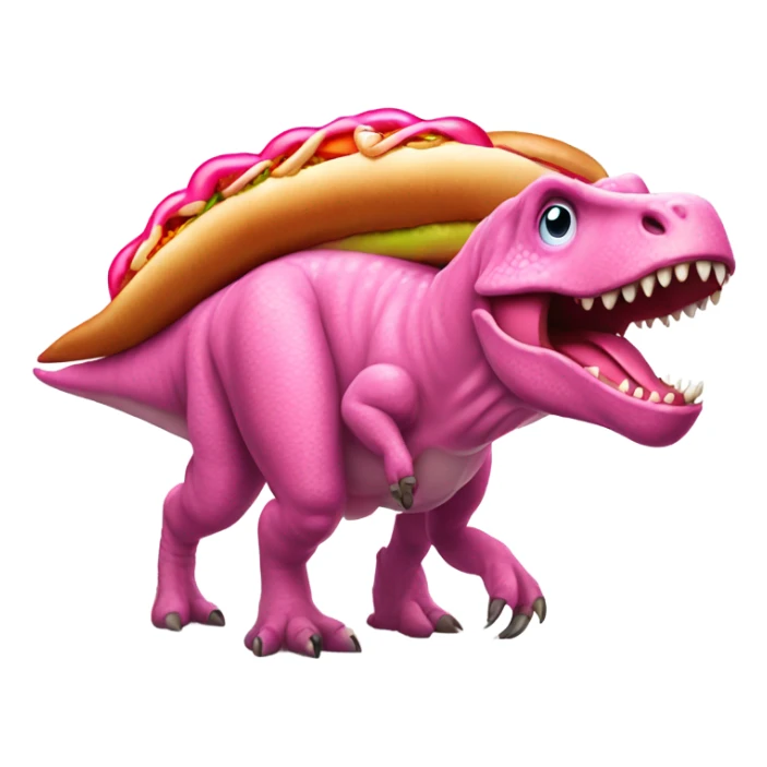 a dinosaur with a huge Bright pink hotdog for a body sticker
