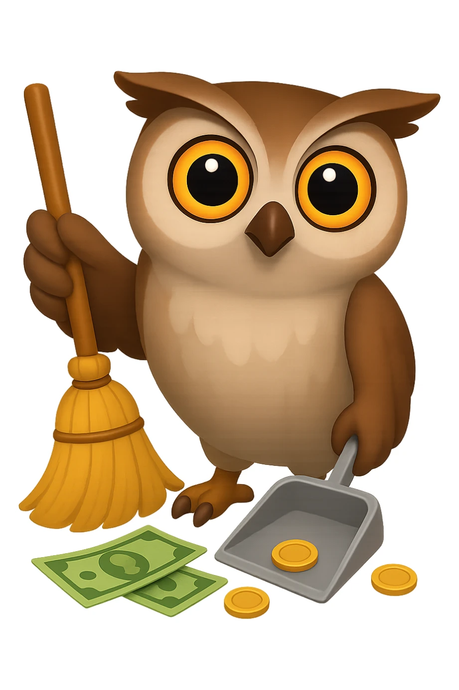 В стилистике эмоджи сгенерируй сову, она смотрит прямо на зрителя, одним крылом держит веник и сметает купюры и монеты в совок, который держит в другом крыле, прозрачный фон sticker