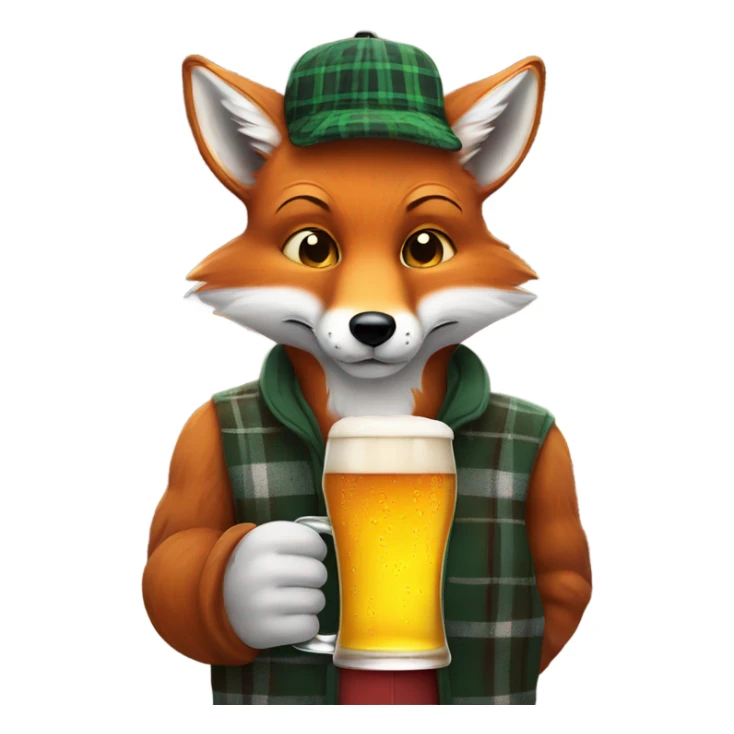 A fox in a plaid hat holding a pint of beer sticker