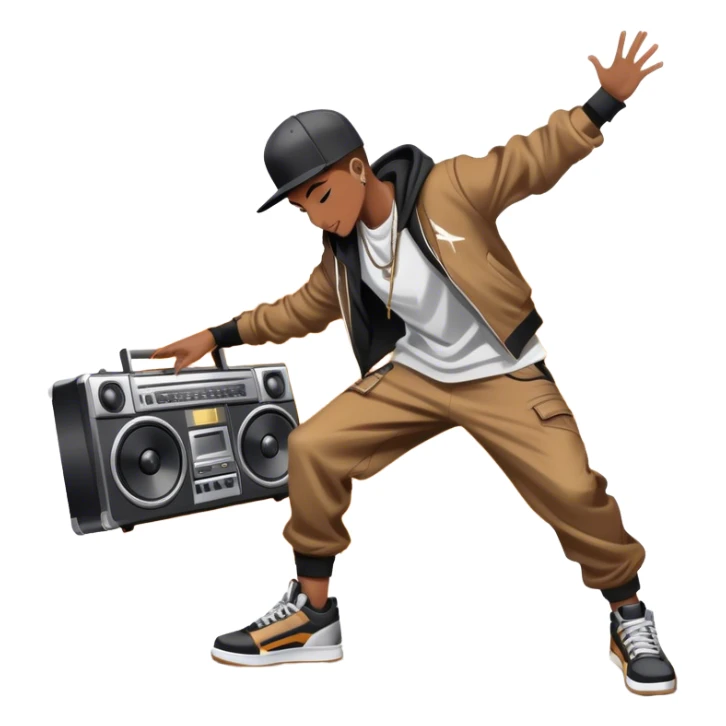 Icon for Street Dance: a dancer in urban streetwear performing a dynamic lower breakdance move, with a spray-painted background and a boombox on the asphalt. The icon should capture the energy, style, and creativity of street dance culture. Transparent background. sticker