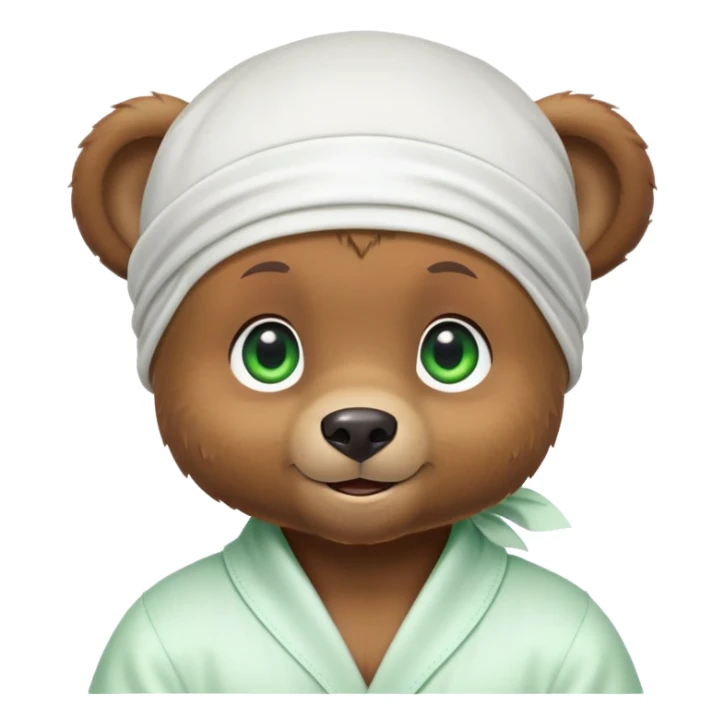 Playful brown bear cub in a white silk durag with a slight smile and bright green eyes, iOS emoji style sticker