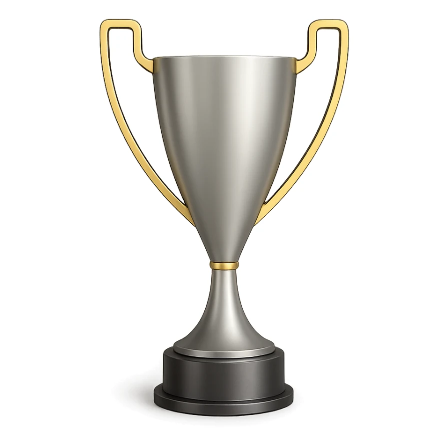 a modern trophy design, mostly silver with gold trim, sleek and minimal, transparent background sticker