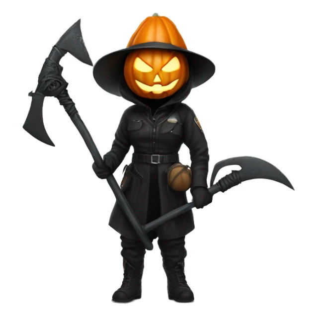Human female pumpkin hunter with a scythe, glowing pumpkin eyes inside a black helmet, Halloween theme, emoji" sticker