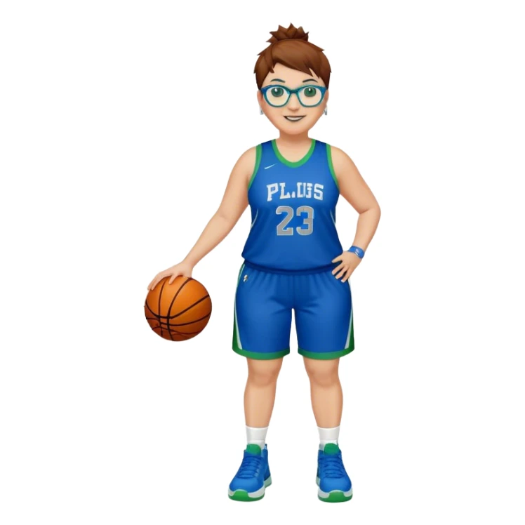 Full Body plus size white female basketball player with short medium brown hair with carmel highlights spikey hair wearing blue glasses 
 wide nose wearing blue green uniform  green sneakers smiling wearing silver hoop earrings sticker