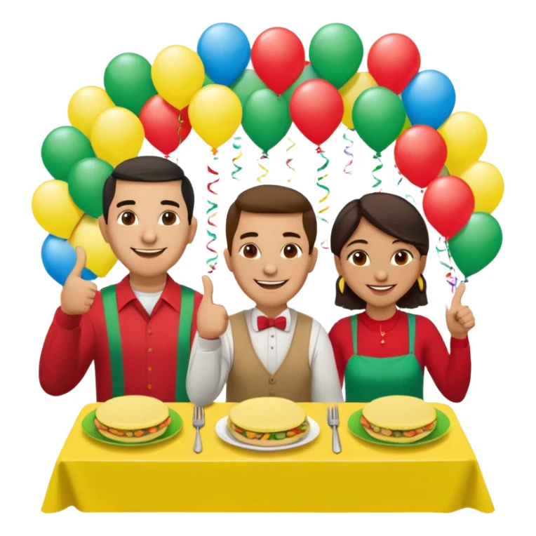 party table decorated with green red and  yellow colors, including a backdrops, balloons arch, streamers and more. On the table are intricate displays of colombian arepas, and baskets of money. In the forefront is a woman and man in simple clothing, big smiles and big thumbs up sticker