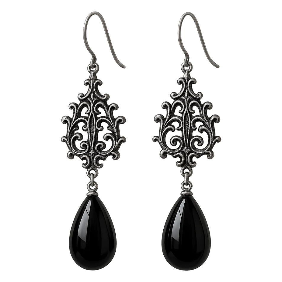 goth earrings, black onyx teardrop, silver filigree, elegant gothic style sticker