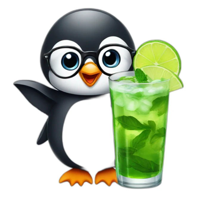 baby penguin with big glasses drinking mojito sticker