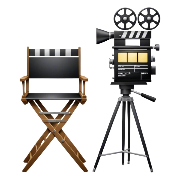 Icon for Directing: a director's chair, a film clapperboard, large movie camera and a stage with a spotlight. The icon should represent the creative and organizational aspects of directing, with focus on storytelling, staging, and performance. Transparent background. sticker