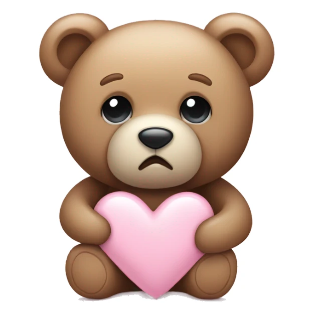 Teddy bear with sad eyes holding a pastel pink heart sticker