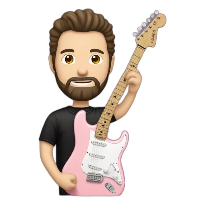 white man with dark beard and black t shirt and pastel pink stratocaster electric guitar sticker