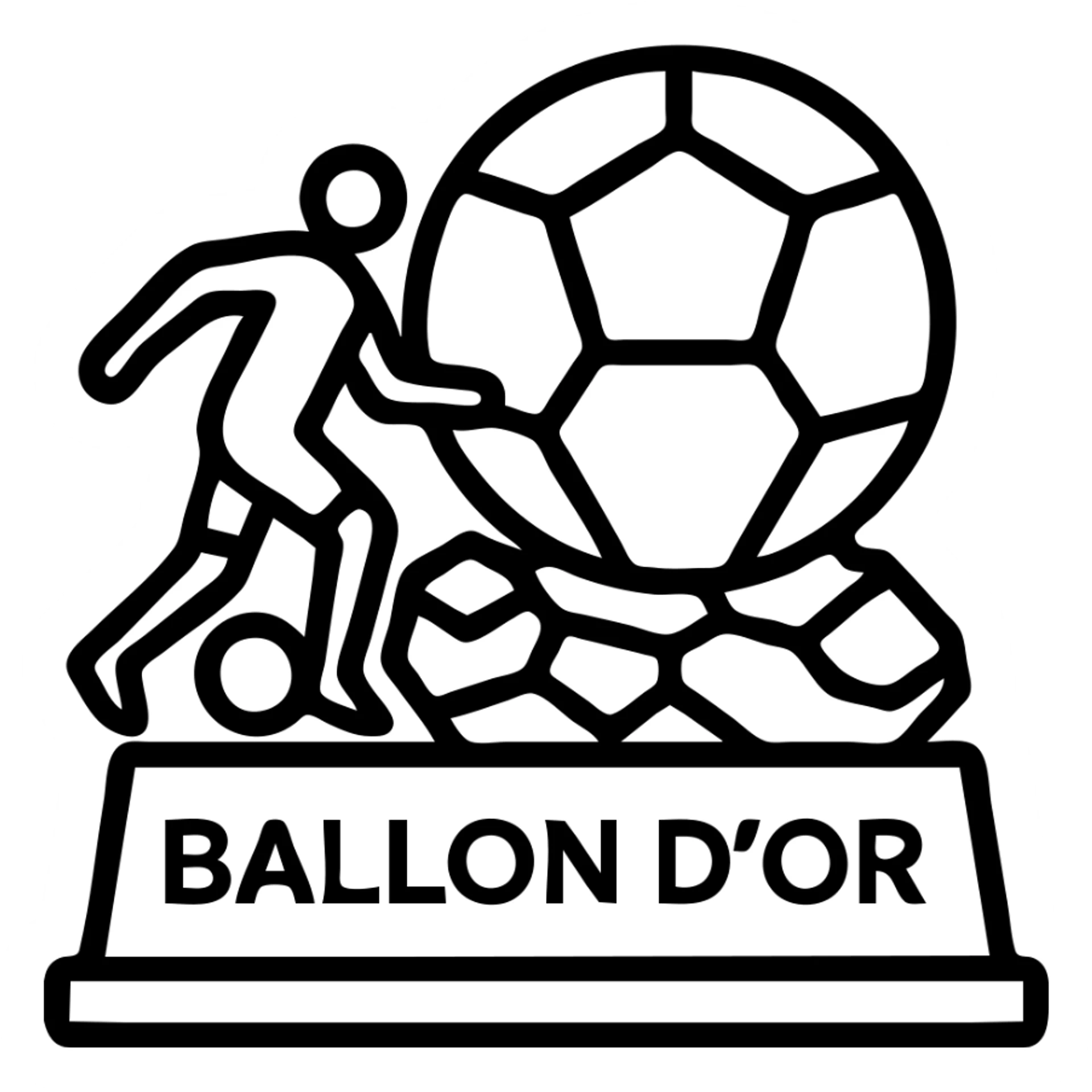 Replace the footballer silhouette on the Ballon d'Or trophy with Ousmane Dembélé's signature silhouette in a dynamic dribbling pose. Keep the outlined icon style with gold accents, clean, and with no background (transparent). sticker