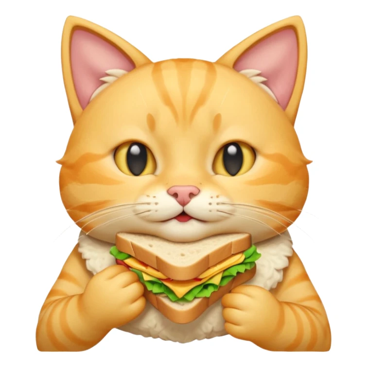 cute yellow cat portrait, head and shoulders only, biting a sandwich, cheeks full, funny expression, 3D cartoon, mobile game icon style, clean background, no text, no watermark
 sticker