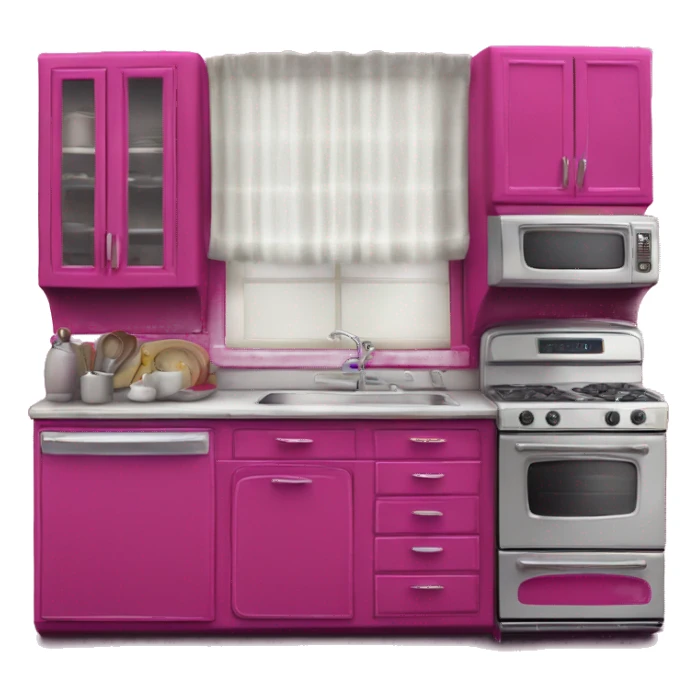 Isolated full length Realistic magenta vintage retro kitchen range with cabinets and counters. sticker