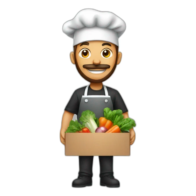 A CHEF WITH A SURPRISE BOX full of vegetables with no hat and a beard sticker