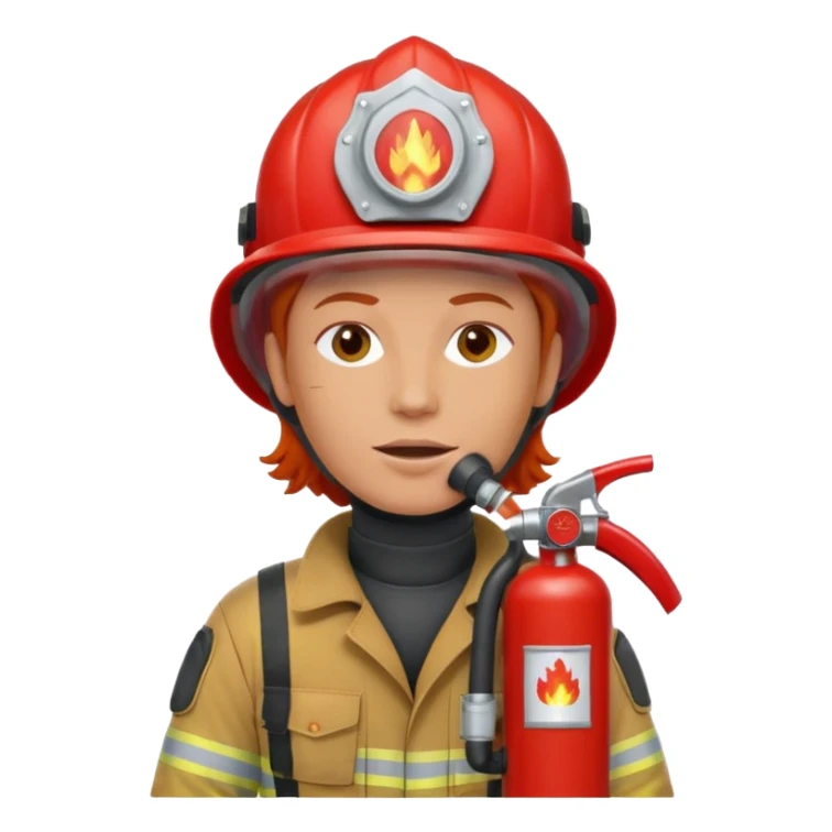 red haired Firefighter with respiratory protection with fire extinguisher sticker