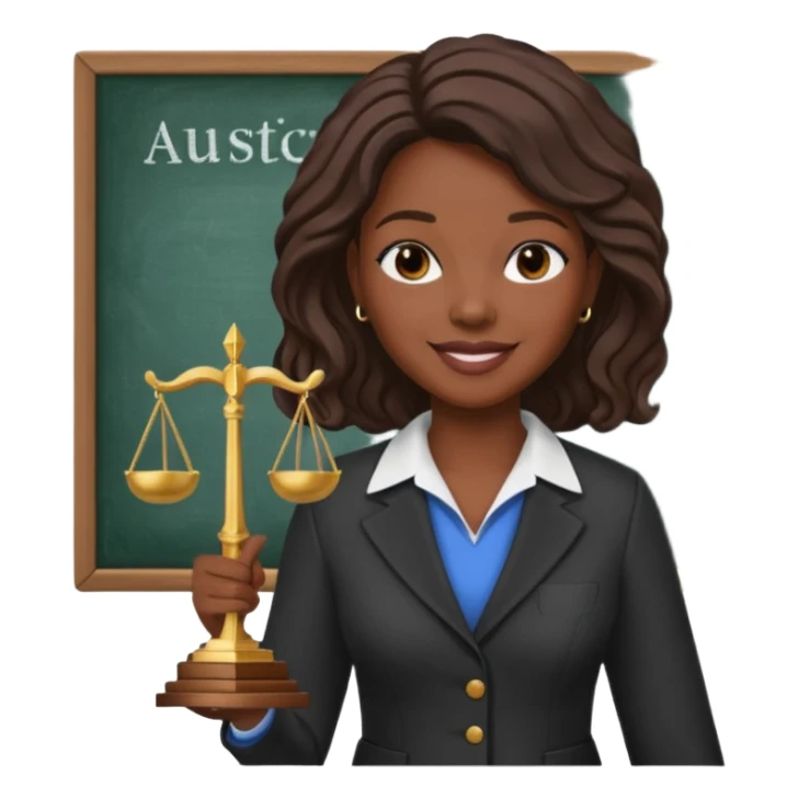 Black teacher/professor looking like the fictional character Annalise Keating from How To Get Away With Murder, holding a statue of justice and with a school black board in the background sticker