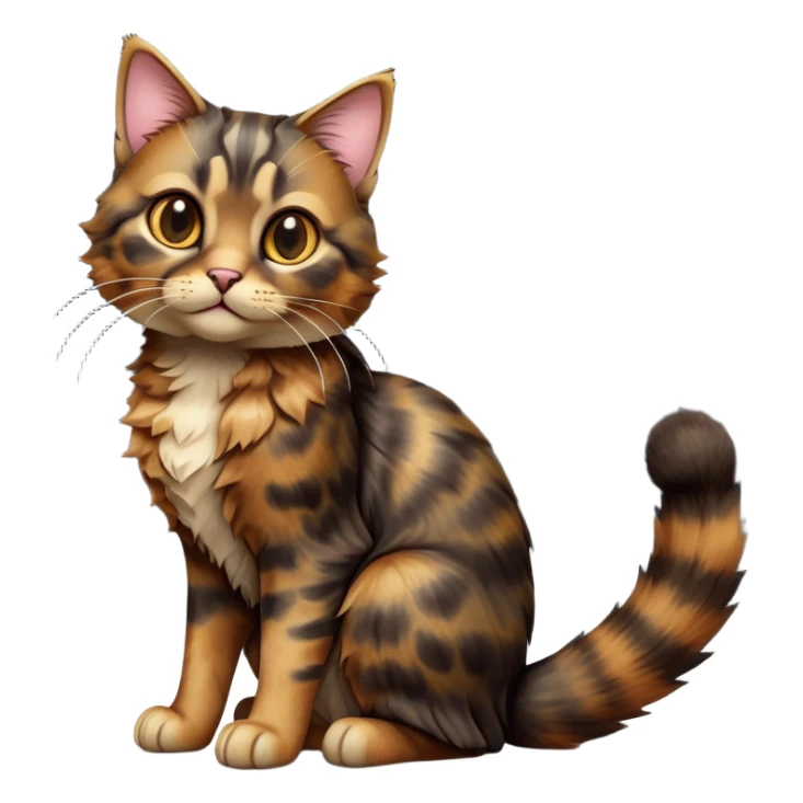 cinematic-[tortoiseshell tabby cat]-realistic-full-body-sitting-emoji,-tail-curled-playfully-around-its-paws,-head-tilted-dramatically,-scruffy-[dark tortoiseshell coloured]-fur,-simplified-yet-realistic-focused-features,-highly-detailed,-glowing-with-an-almost-sarcastic-glow sticker
