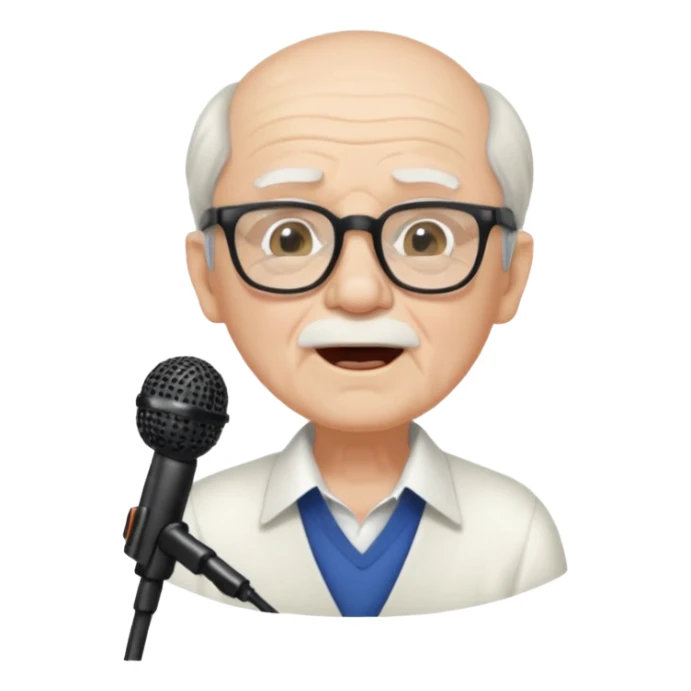 singer, Old man, singing to mic, white shirt glasses sticker