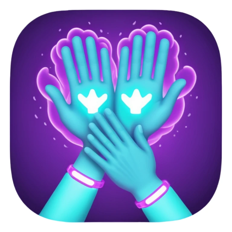 futuristic glowing clapping hands, purple and cyan glow, dark background sticker