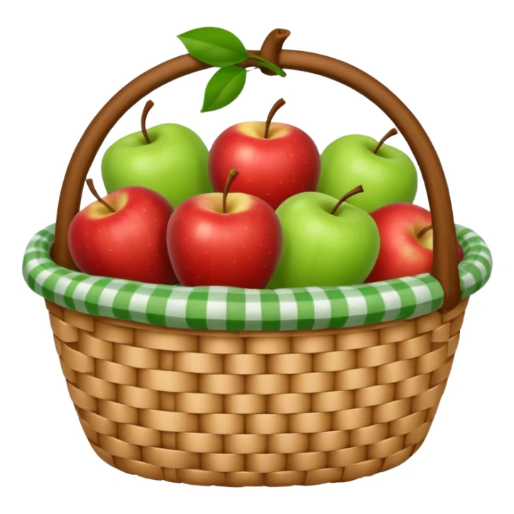 woven basket with apples and white checkered cloth, green sticker