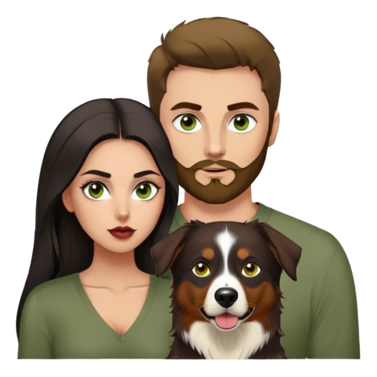 Thin white guy with beard and widows peak and green eyes and large pointy nose in olive green long sleeve AND One latina girl with long beautiful dark hair and dark eyes in a dark red v neck and makeup with her black tri colored  Australian shepherd large sticker