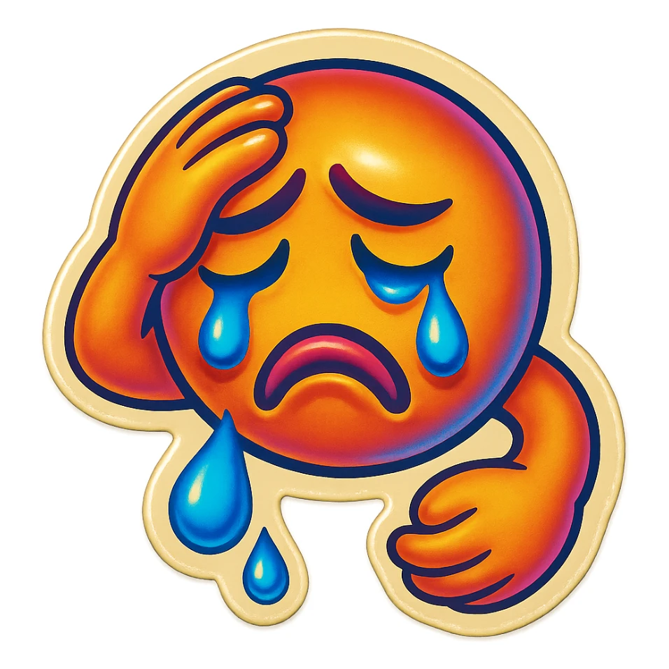 Crying Tears rolling down face 
Mouth Pout
one hand on head 
head down
 sticker