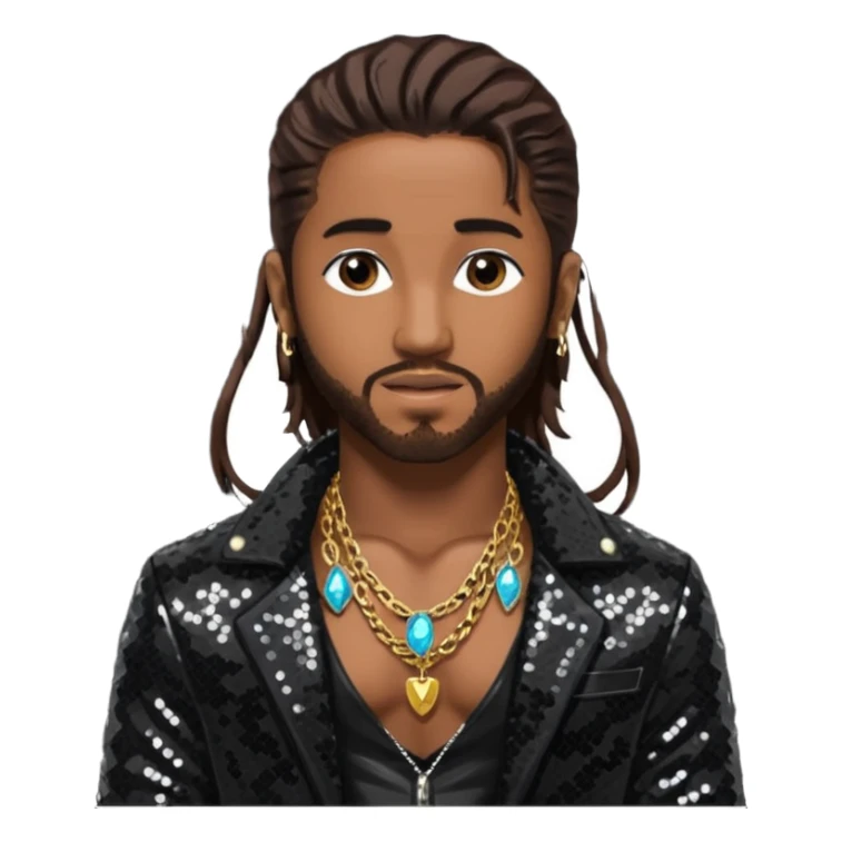 Omarion with long dark brown hair, black sequin jacket, shirtless with necklace sticker