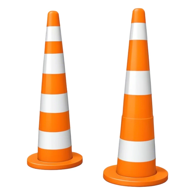Two orange and white conical traffic bollards with a caution tape stretched between them, marking a restricted or blocked area sticker
