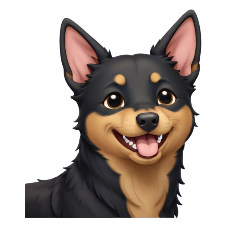 Cinematic Cute Yawning Black and Tan Kelpie Portrait Emoji, Head tilted slightly with a dramatic, wide-open yawn, showcasing a smooth black Fur with distinct tan accents, floppy ears slightly drooping, round dark eyes barely open in drowsy contentment, Simplified yet irresistibly adorable features, highly detailed, glowing with a soft, cozy glow, high shine, relaxed yet expressive, stylized with a touch of whimsy, bright and endearing, soft glowing outline, capturing the essence of a sleepy yet affectionate herder, so drowsy it feels like it could stretch out of the screen and curl up for a nap! sticker