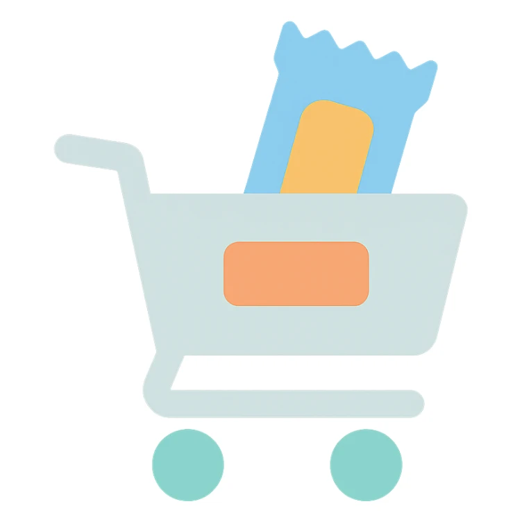 Shopping cart with a digital snack bar inside, minimal flat emoji style sticker