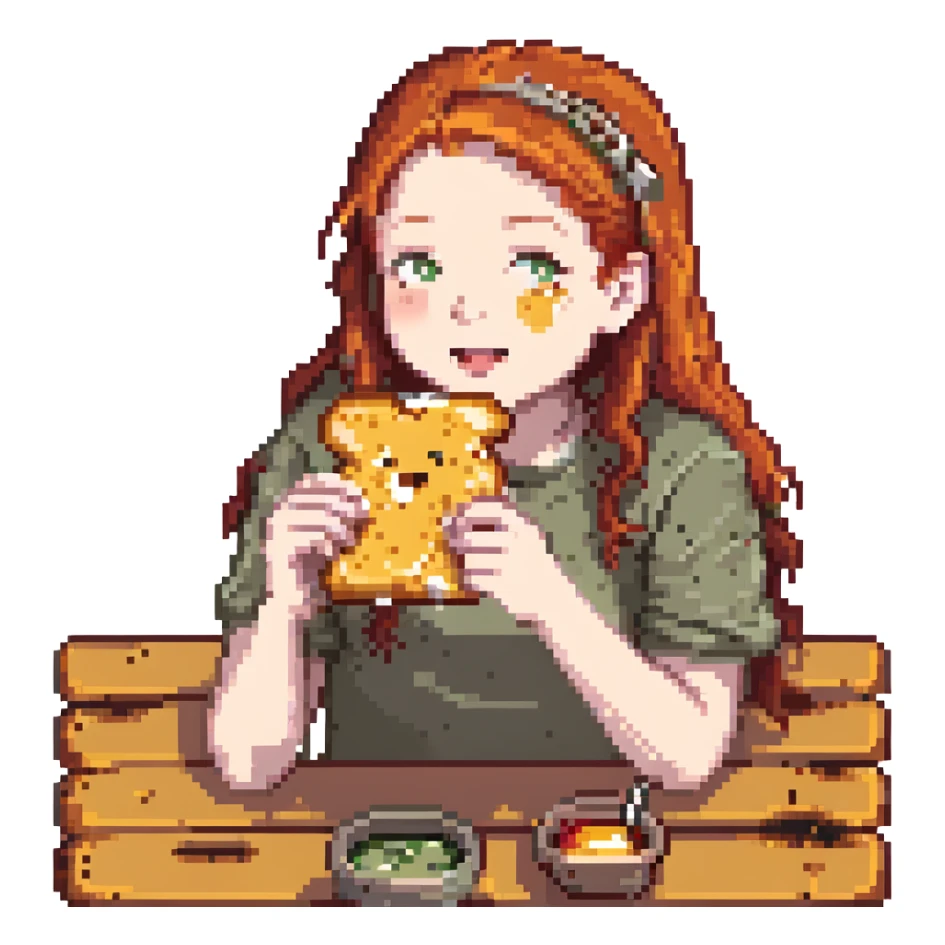 a redhead eating a grilled cheese, pixel art style sticker