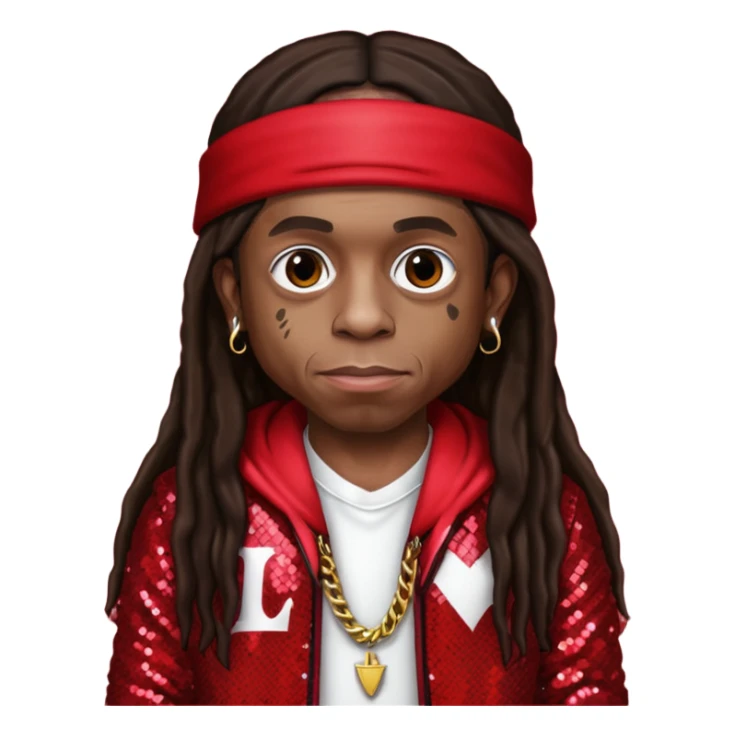 Lil Wayne with long dark brown hair, red sequin outfit sticker
