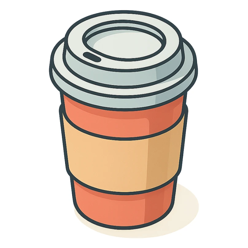 coffee in a paper cup with lid, isometric view, 2D isometric style, detailed drawing, detailed shadows and highlights, clean contours, soft lighting, transparent background sticker