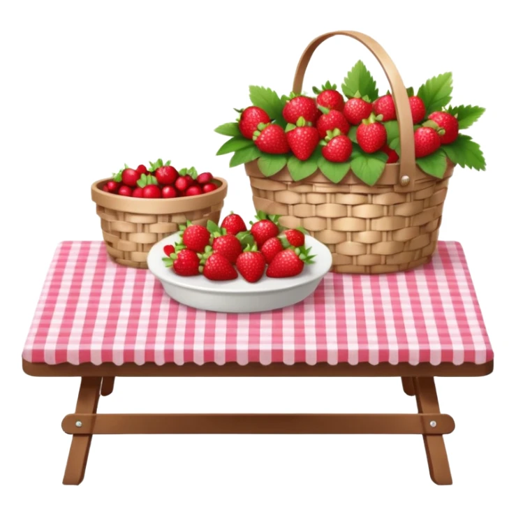  A cute picnic table with Gingham plaid print table cloth, with a small basket of strawberries, cherries, pink flowers, hyperrealistic, still life. 4k hd professional quality  sticker