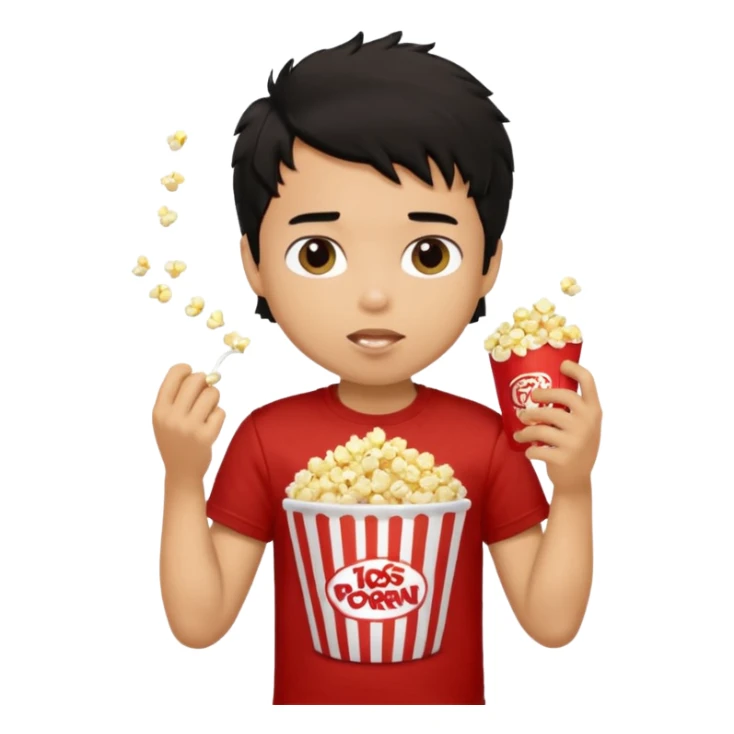 generate a pretty tan bratz boy with a brown tshirt on. eating popcorn. messy black hair sticker