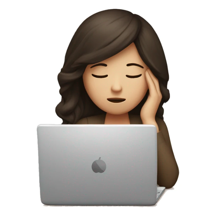 Tired brunette at a laptop with headache sticker
